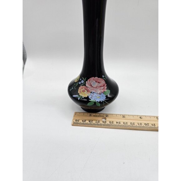 Vintage Black Glass 8" Bud Vase With Handpainted Flowers Floral Design Boho - Picture 6 of 7